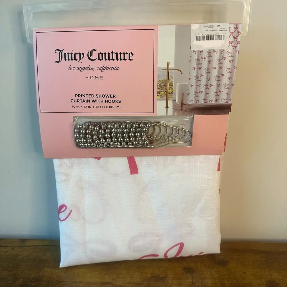 New Juicy Couture 70x72 Fabric Shower Curtain Hooks Set Pink White Bows Logo